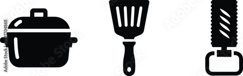 Obraz na płótnie Cooking utensil icons set with pot spatula and brush isolated on white backgroun