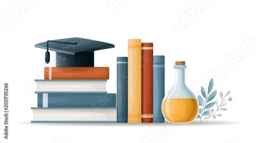 educational poster illustration with colorful books graduation cap and academic icons