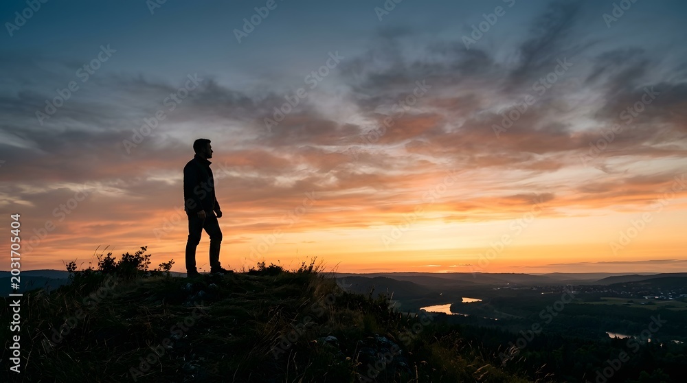 Fototapeta premium Lone hiker silhouetted against a dramatic sunset sky, overlooking a vast landscape with distant lights and a tranquil river.