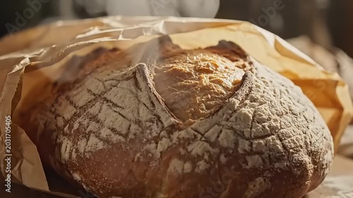 Freshly baked bread on brown paper.