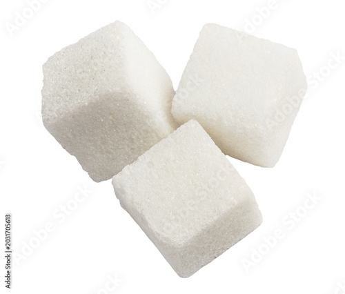 White sugar cubes floating, isolated on cutout transparent background