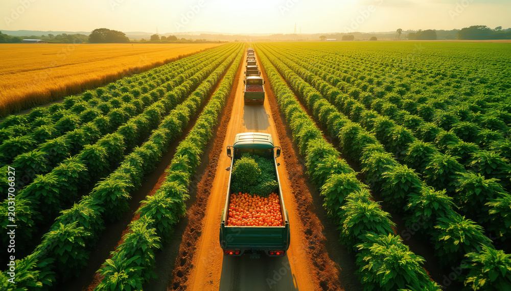 Obraz premium Line of trucks drives through neat green rows of plants, golden wheat fields. Trucks carry fresh produce like tomatoes, greens. Agriculture operations show scale, efficiency. Rural farm work in