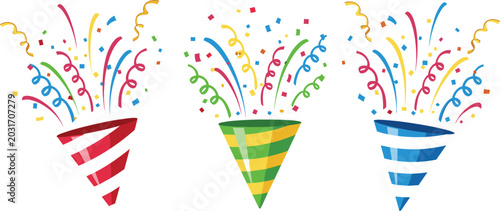 Bild auf Leinwand Colorful party popper vector illustration set with exploding confetti and stream