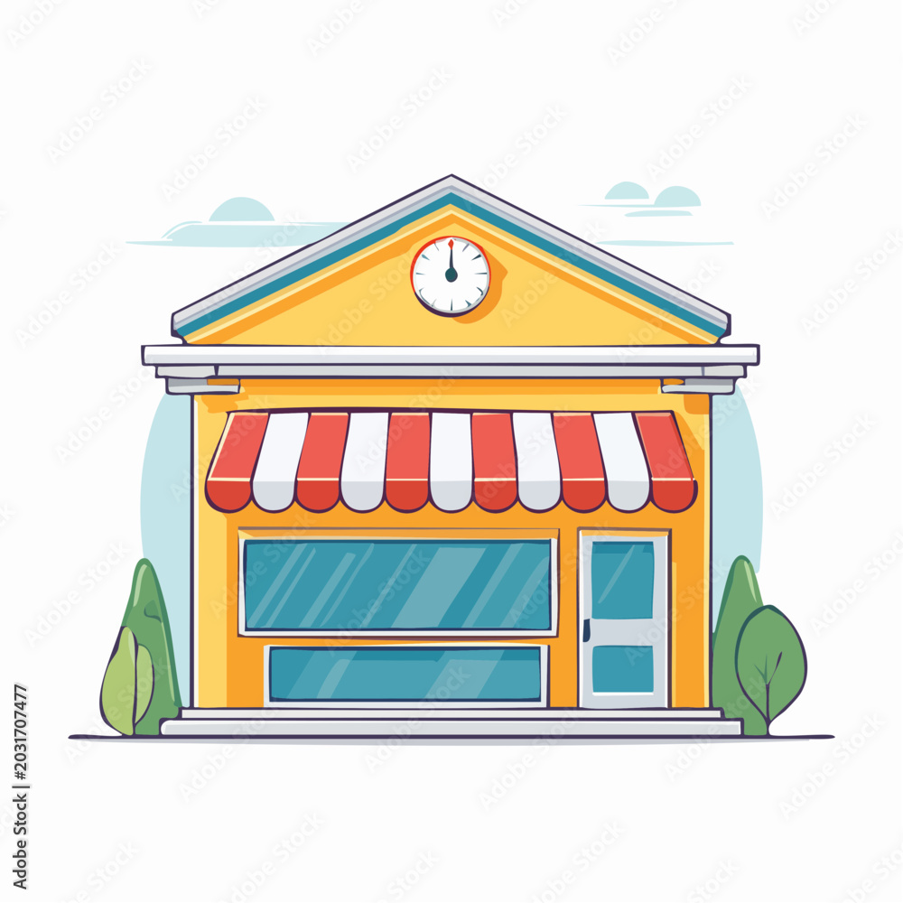 Obraz premium Cartoon Storefront with Awning and Clock