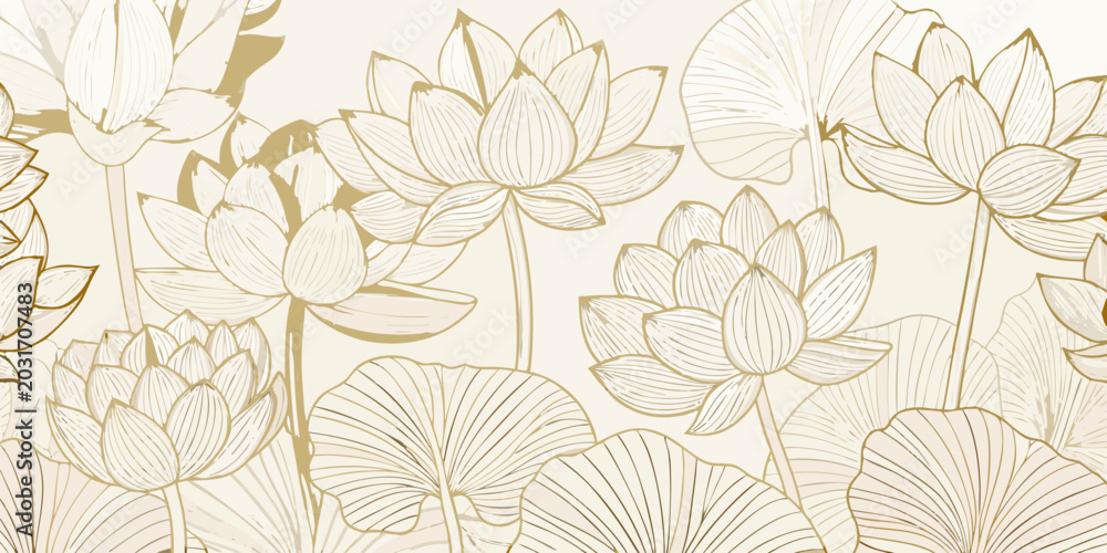 Obraz premium Golden line art lotus flowers and leaves elegant floral vector illustration on beige
