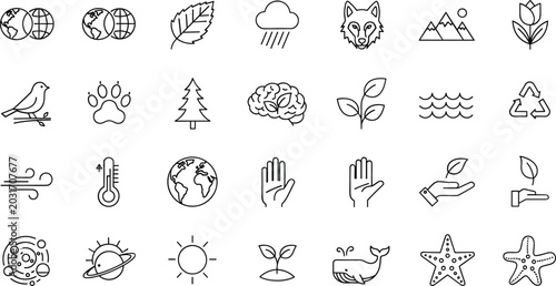 Foto Environmental conservation and earth science line icon collection featuring clim