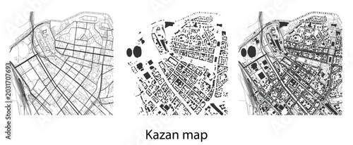 Quadro em tela Kazan city vector map, detailed black and white urban street plan with road networks and building footprints, isolated geographic layout layout for design