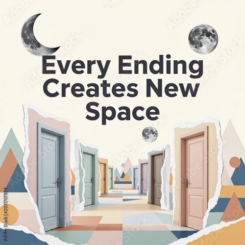 Collage infographic artwork with transformation message and symbolic doorway sequence composition