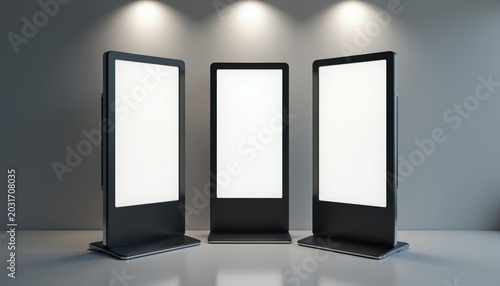 Three modern digital display stands with blank screens. These interactive kiosks are placed indoors in a minimalist space. Ideal for advertising information or wayfinding.