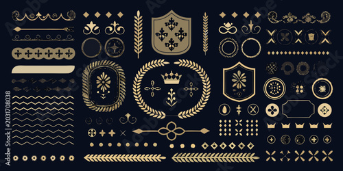 Collection of ornate gold heraldic emblems crowns shields and laurel wreaths on a dark background