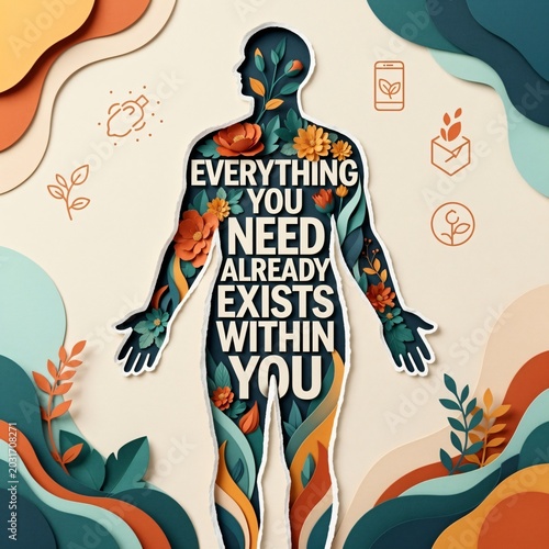 Collage infographic artwork with inner strength slogan and symbolic human silhouette composition