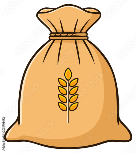 Cartoon burlap sack filled with grain and tied with rope, representing harvest and agriculture