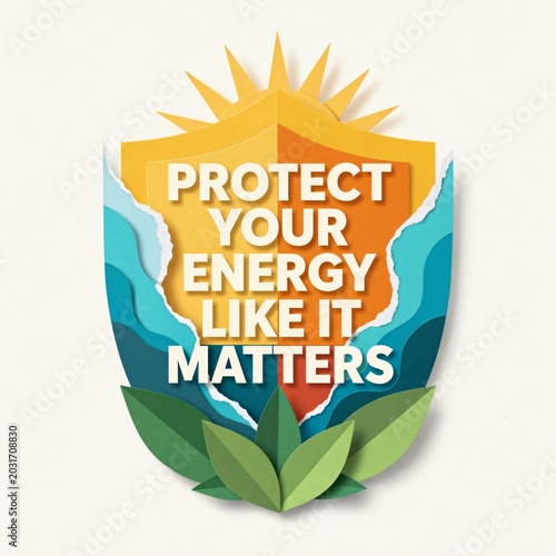 Collage infographic artwork with energy protection and self care metaphor in paper cut shield composition