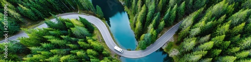 Aerial View Of Winding Road Through Green Forest