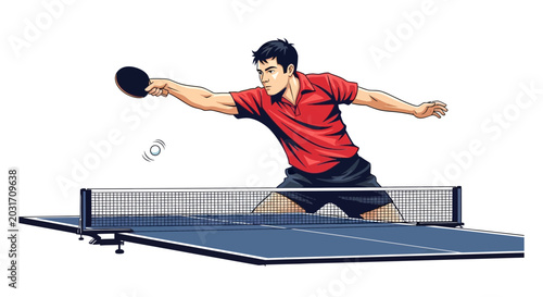 Photos Man playing table tennis, hitting ball with racket over net, dynamic action shot