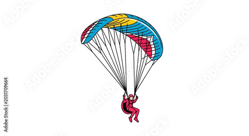 Quadro su tela Paraglider in colorful canopy descending against white background, vector illust