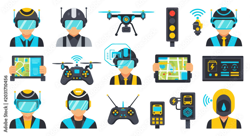Fototapeta premium Modern Flat Smart City Future Tech Icons: Drones, VRAR, Autonomous Systems Intelligent Transportation