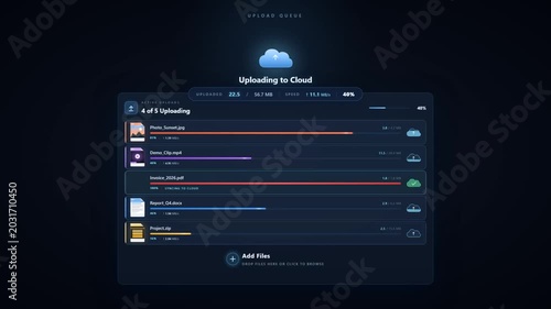 Cloud Upload Queue Dashboard with Multiple Files Active Sync and Progress Bars