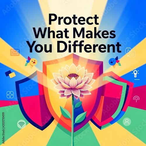 Collage infographic artwork with individuality message and symbolic rare flower protection concept