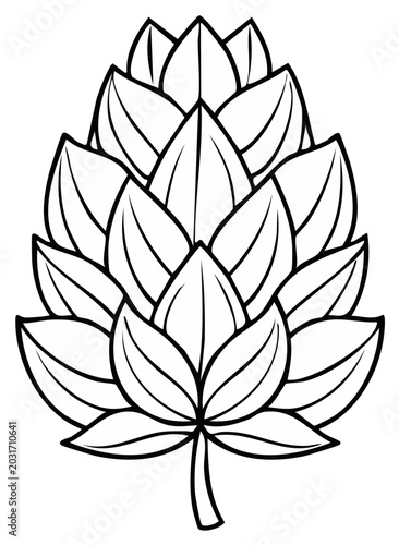 Stylized illustration of a single hop cone with stem and leaves line art drawing