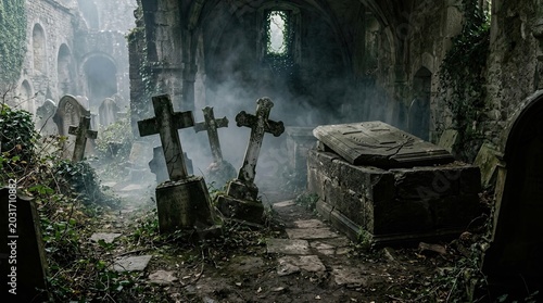 Mysterious ancient christian crypt with weathered stone crosses and tombs shrouded in atmospheric mist overgrown with ivy evoking a sense of history decay and solemnity in a forgotten graveyard