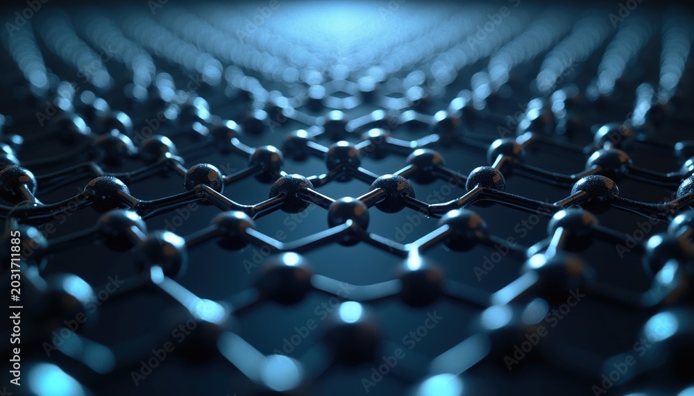 Fototapeta premium Close view of dark graphene material structure at atomic level with hexagon pattern. Dark blue light reflects off shiny carbon atoms in a repeating network, showing nano tech.