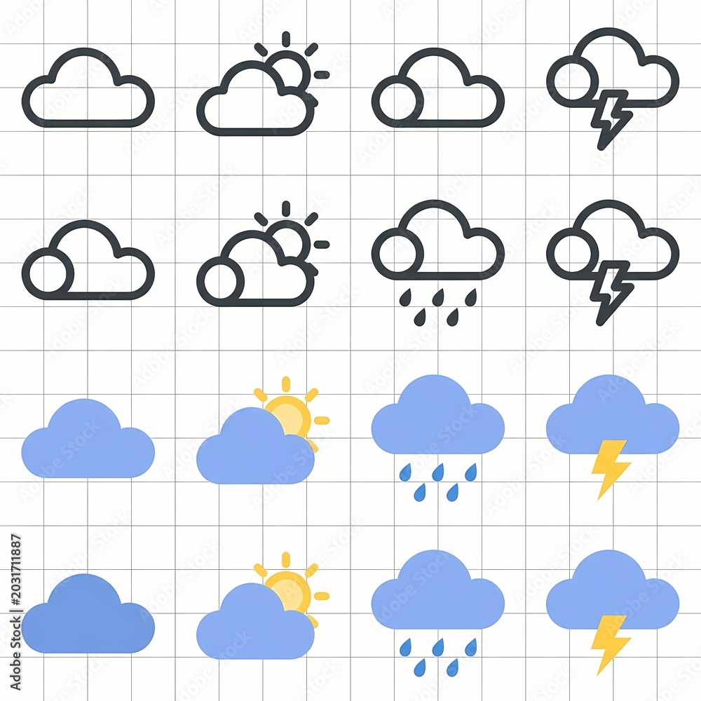 Obraz premium Weather icons set for mobile app display various cloud conditions