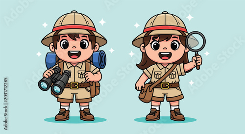 Cuadro en lienzo Cute boy and girl scout explorers with binoculars and magnifying glass illustration