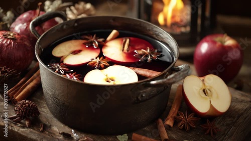 Mulledwine apple cinnamon staranise spices simmering pot cozy drink