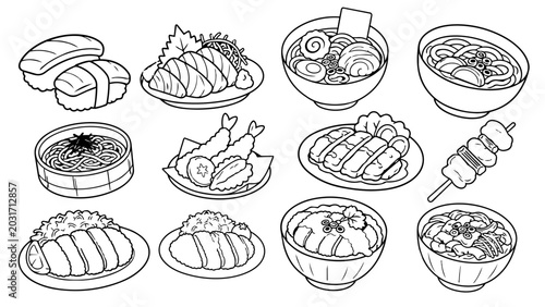 Hand drawn Japanese food menu icons vector set featuring sushi, ramen, tempura, noodles, yakitori, curry rice, and rice bowls in black outline style for restaurant menus, coloring pages, and Asian cui