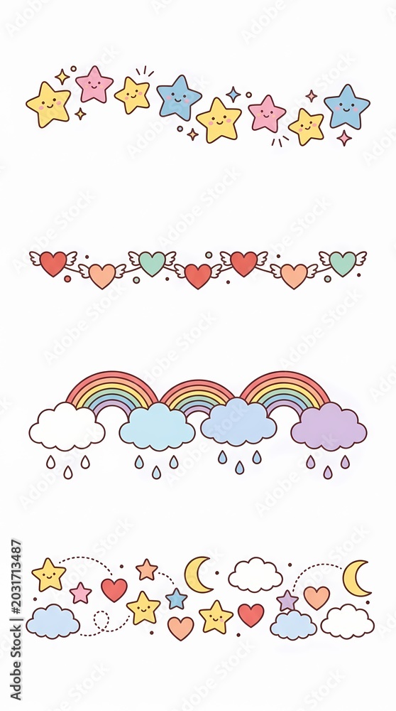 Naklejka premium Kawaii header border illustrations with cute stars, hearts, rainbows, and clouds