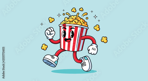 Vintage Style Cartoon Popcorn Bucket Mascot Running and Smiling.