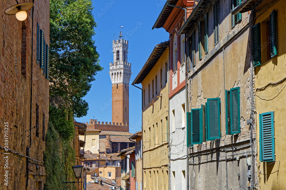 Fototapeta premium SIENA, ITALY, April 25, 2026 : Torre del Mangia of Palazzo Pubblico can be seen from the small streets of city center