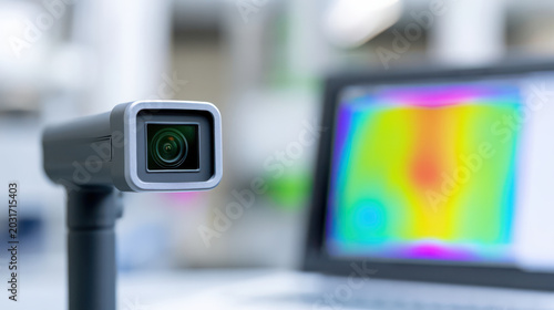 Thermal camera lens close up with colorful heat map displayed on laptop screen in blurred background