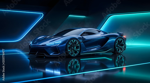 Futuristic sports car in neon-lit studio with sleek reflective surface and blue lighting