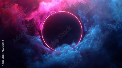 Neon portal ring magenta glow with blue smoke in dark atmosphere