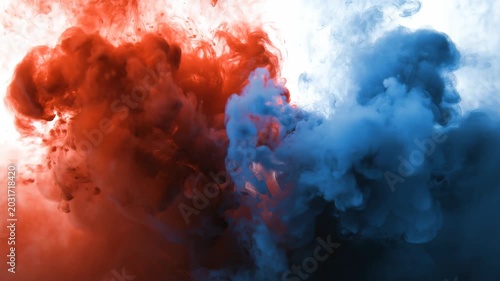 Abstract red blue ink explosion, colorful fluid smoke clash on white background