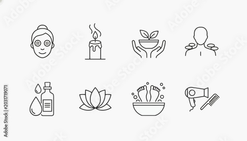 Photos Set of minimalist line icons illustrating essential spa, beauty, and wellness co