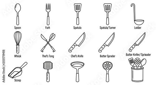 Schilderij op canvas Collection of Kitchen Utensils and Tools, Featuring Essential Cooking and Baking