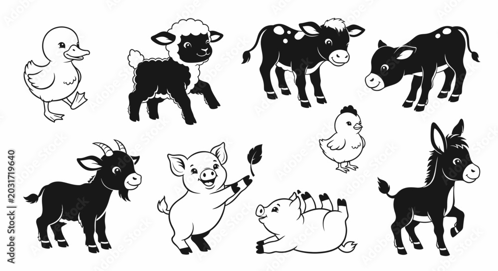 Fototapeta premium Black and White Farm Animals Set - Duck, Sheep, Pig, Cow, Chicken, Goat, Donkey