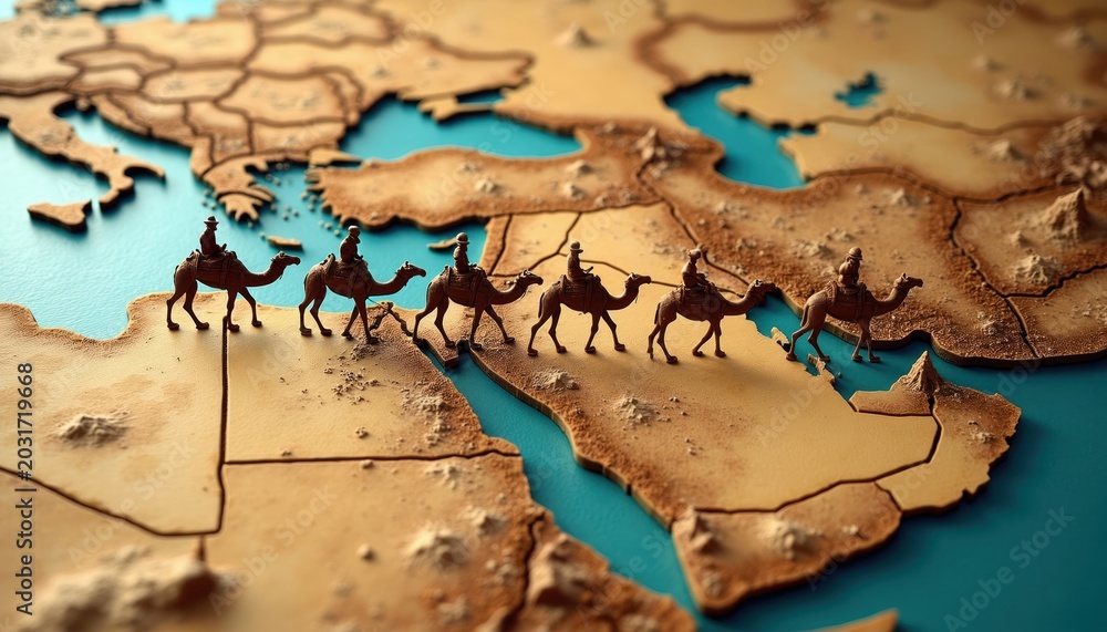 Fototapeta premium Camels trek across desert map landmass. Caravan journey over ancient routes. Nomadic people travel by camel train on arid terrain with water bodies. Exploration adventure across continents.