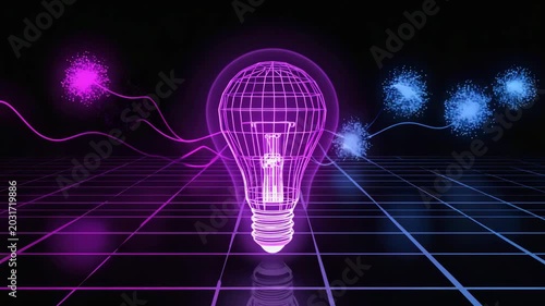 Glowing purple wireframe light bulb on a digital grid background representing innovation and idea, creative concept
