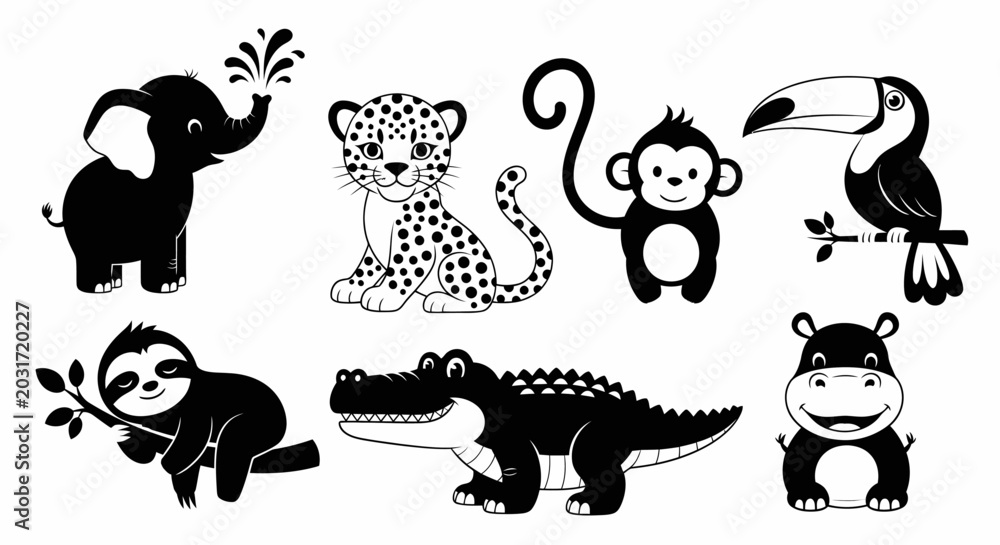 Obraz premium Adorable Black and White Cartoon Jungle and Safari Animals Illustration Set for Kids and Wildlife Education