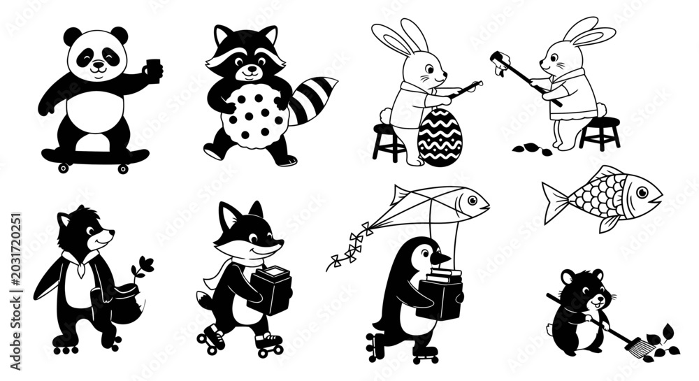 Obraz premium Adorable Black and White Line Art Animals Skating, Dancing, and Playing