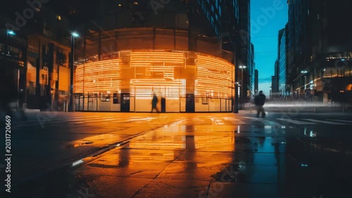 People walking in a blurry motion across a city street at night with glowing orange lights for urban, life concept