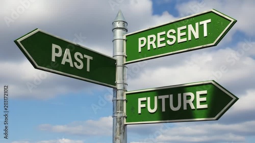 Green street sign with arrows pointing to past, present and future against a cloudy sky for life, journey concept