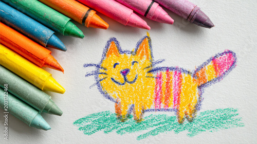 Bright drawing of a smiling cat made by a child with crayons on white paper