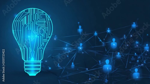 Glowing blue light bulb made of circuit patterns next to a network of human icons for innovation, team concept