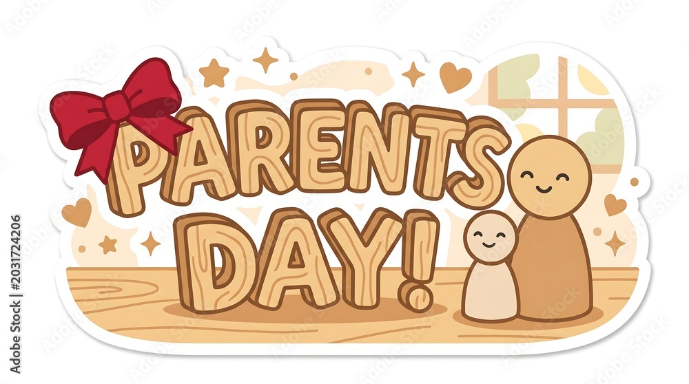 Fototapeta premium Cute wooden peg doll illustration for Parents Day with text and red decorative bow accent