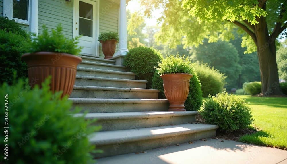 Fototapeta premium Home entrance stpic with large potted plants and manicured green bushes. Stone stairs lead to front door. Sunny day brightens yard and mature tree.